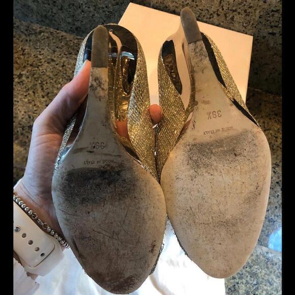 JIMMY CHOO BEllO Wedge Pump Shoes Champagne Glitter Bridal Shoe Euro 39.5 Us 9.5 - Picture 9 of 9